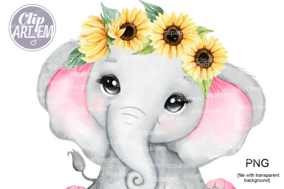 Charming Pink Elephant Sunflower Crown Art